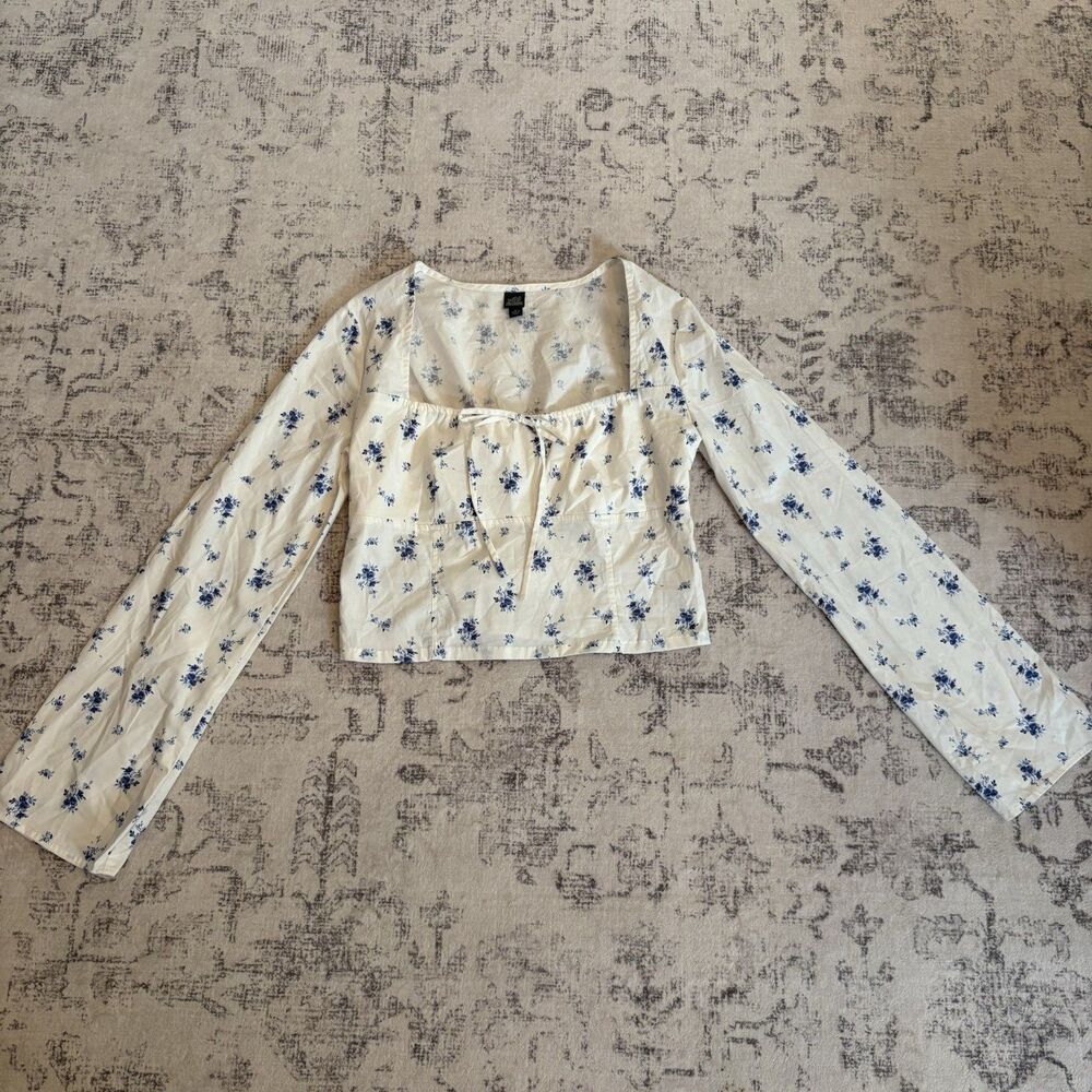 Wild Fable Long Sleeve Cotton Babydoll Top Medium Floral Milkmaid Prairie Beach